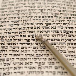 a silver "yad" pointer on a page from the torah, the first five books of the hebrew bible.  selective focus, shallow depth of field.